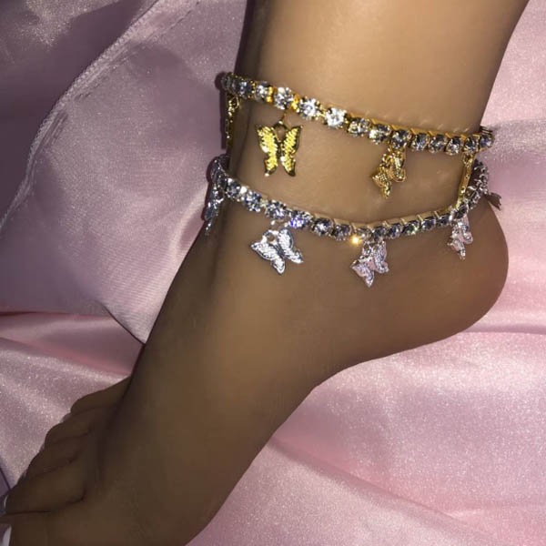 Trendy Butterfly Design Rhinestone Diamond Custom Anklet Tennis Anklets For Women