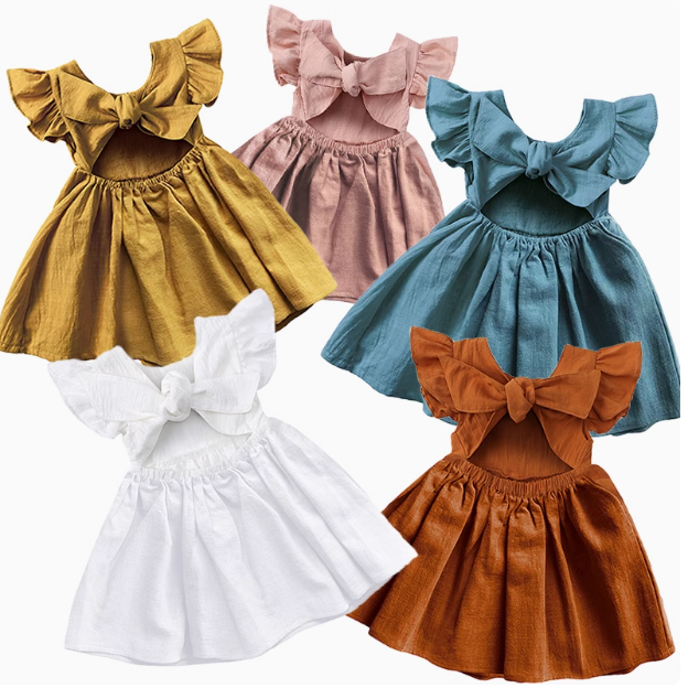 Linen Cotton Baby Girl Dress with Flutter Sleeves and Bow Backless Printed Summer Boutique Clothing for Girls