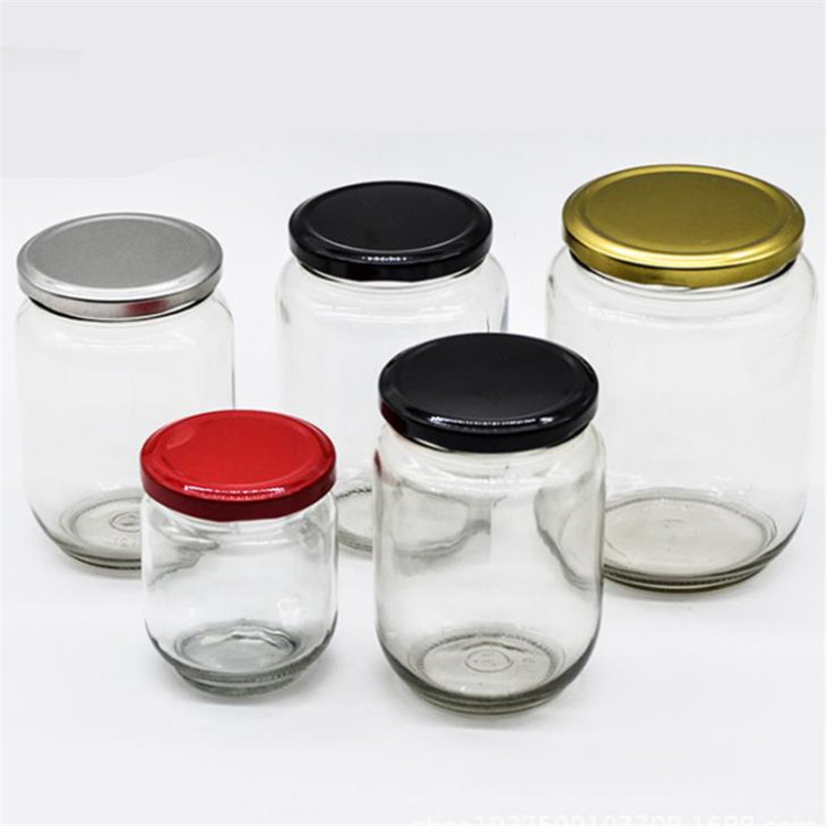 250ml wholesale round glass bottles food glass jars with black tin metal lid for honey candy packaging