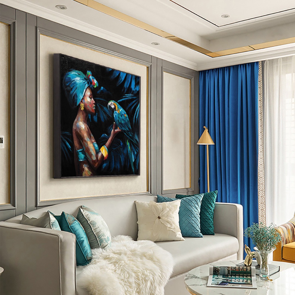 Modern Black Women and Blue Parrot Oil Painting Epson Canvas Print Painting Wall Decoration Art poster for living room