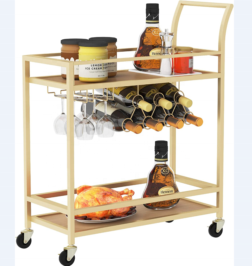 Modern Luxury Style Metal Rack And Glass Dining Car Small Dining Kitchen Trolley Bar Cart With Wine Storage