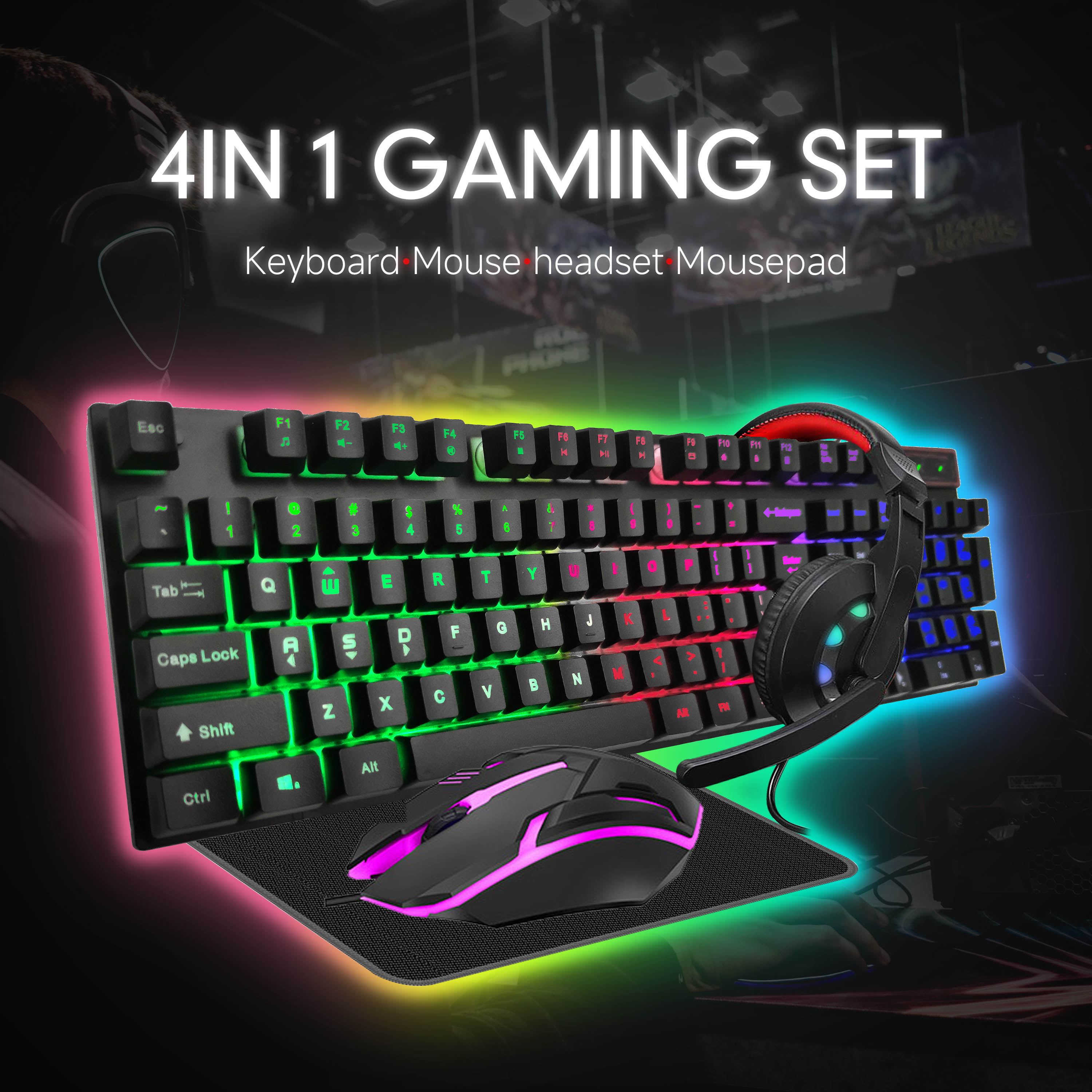 Оригинальный игровой набор 4 в 1 от производителя, проводная мышь с RGB подсветкой, клавиатура, гарнитура, комбинированная игровая