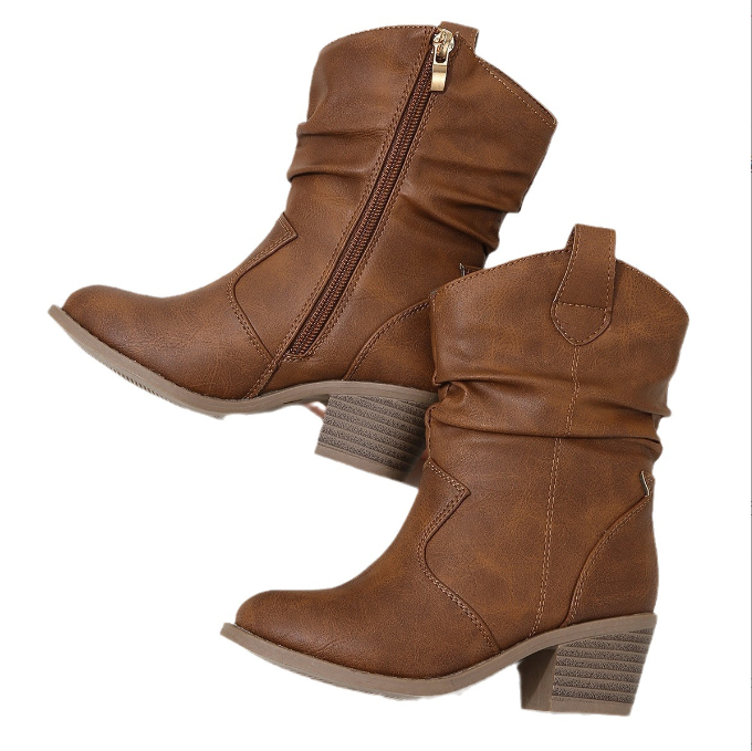 8-15 Year New Cute Kid Girl Heel Shoes West Cowboy Zipper Retro Shoes Leather Cowgirl Boots