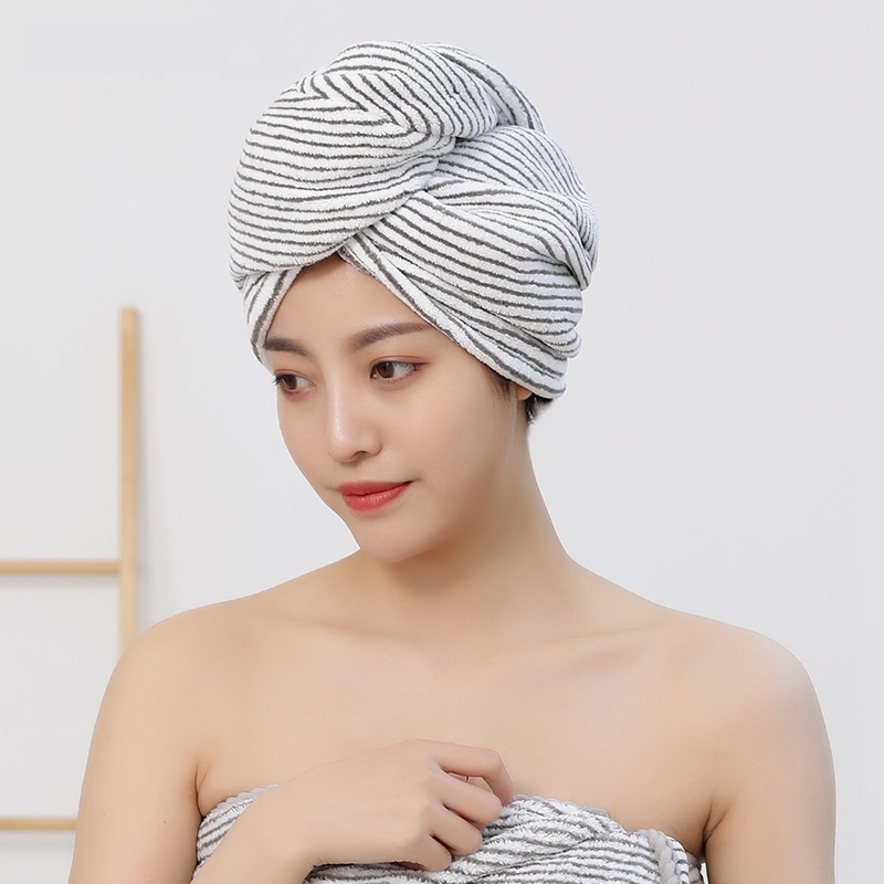 Custom Striped Antibacterial Microfiber Dry Hair Cap Thick Water Absorption BathTowel