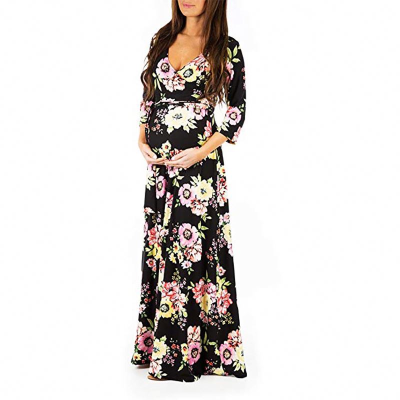 MKMN New Fashion Maternity Wear 3/4 Sleeve Cross Neck Loose Pritend Floral Long Skirt for Pregnant Women