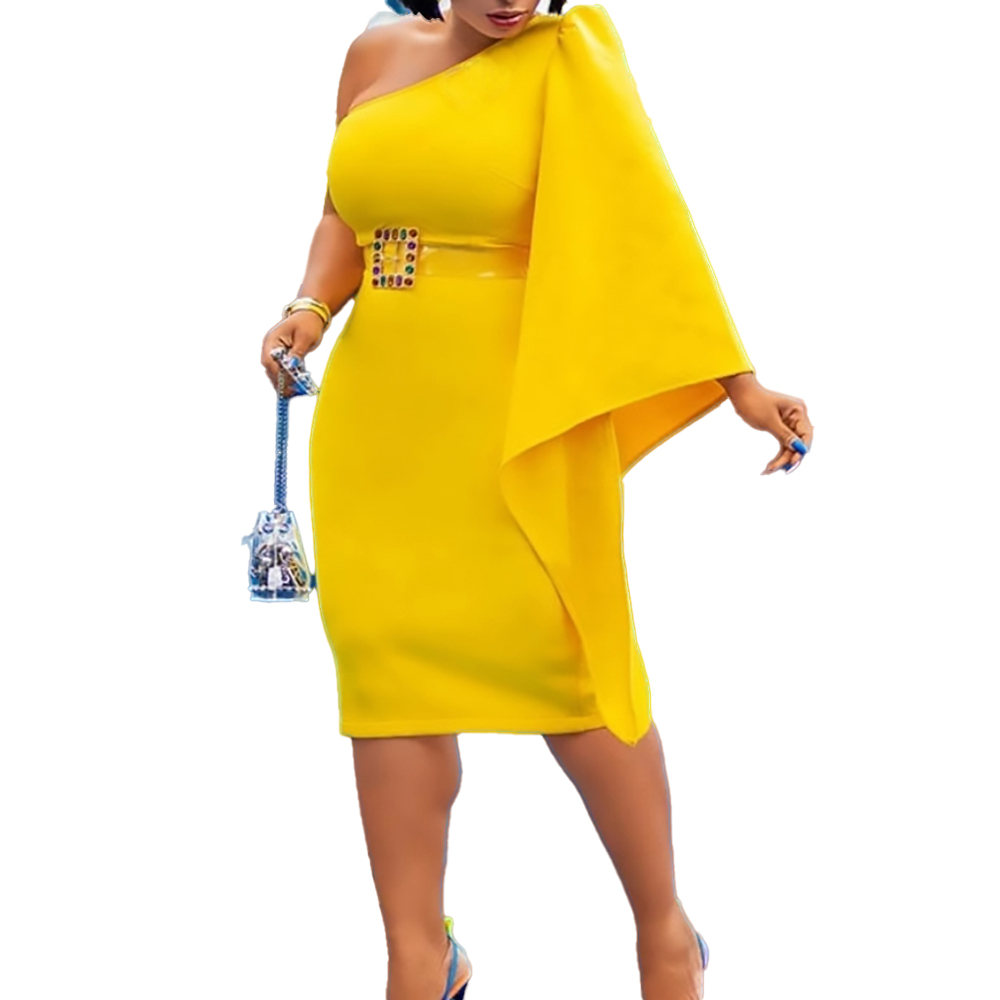 D3060T New Style Temperament Commuting High Waist Slant Shoulder Banquet Dress Party Evening Plus Size Womens Dresses