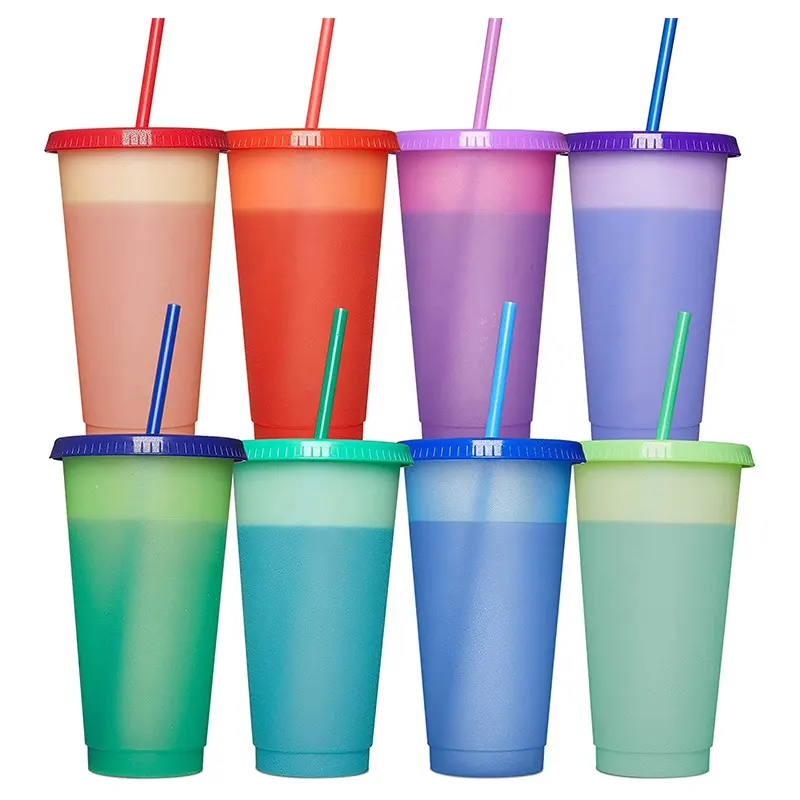 wholesale 24 oz tumbler | Reusable insulated Plastic Cold Drink Color Changing Cups with Lids and Straws for adults & kids.