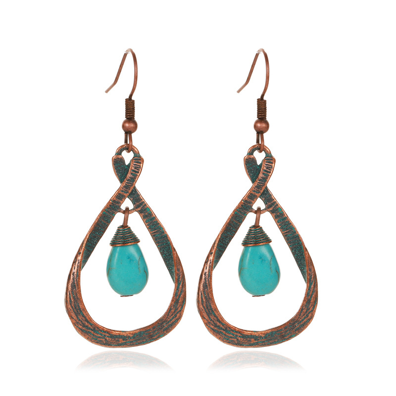 2021 Custom fashion ethnic style retro cross drop shaped bronze pendant turquoise long earrings women