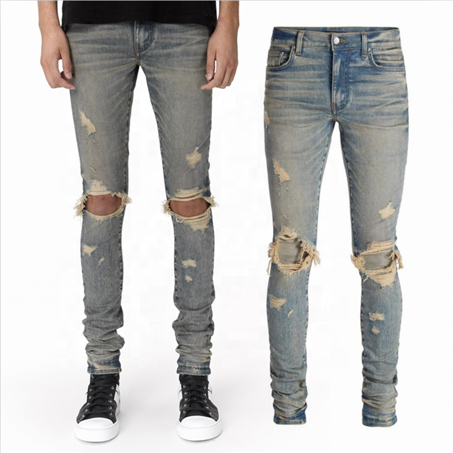 Изготовленный на заказ мужские Slim Fit потертые джинсовые штаны Синие рваные узкие джинсы для мужчин