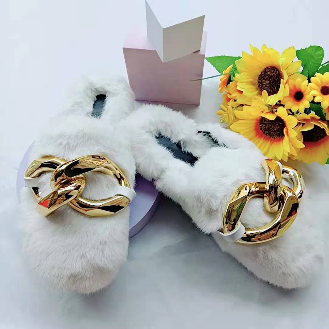 LE SLIDES Ins Hot Women Chunky Chain Closed Toe Slides Faux White Fur Slippers Ladies Flat Plush Furry Flip Flops Slipper