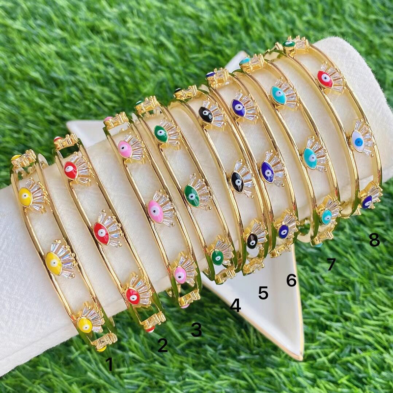 2021 European Gold Plating Open Cuff Eyes Bangle Bracelet Multi Color Oil Dripping Turkish Evil Eyes Bangle for women