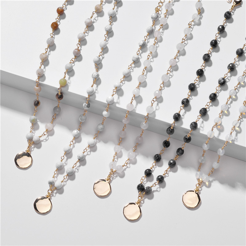 Zooying Charm Raw Birth Stone Long Beads Chain Necklace Alloy Glossy Round Pendant Necklace Jewelry