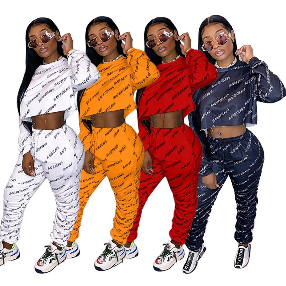 Hot Sale Letter Print Long Sleeve Crop Top And Stacked Joggers Pants Two Piece Set Women's Set Fitness&Yoga Wear
