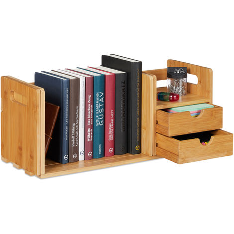 Wooden Tabletop Organiser Bamboo Desk Organizer With 2 Drawers Pull-out Bookshelf