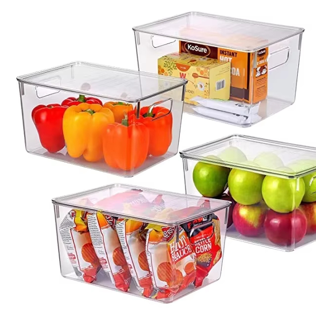 Home Organizer 4pcs Eco Friendly Transparent Plastic Pantry Organizer Bin Food Storage Bin Stackable Fridge Organizers with Lid
