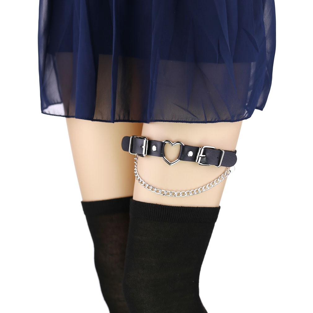 Adjustable Heart-Shaped Thigh Garter 2 Pieces Punk Leather Garter Belts Leg Garter with Chains Body Accessories