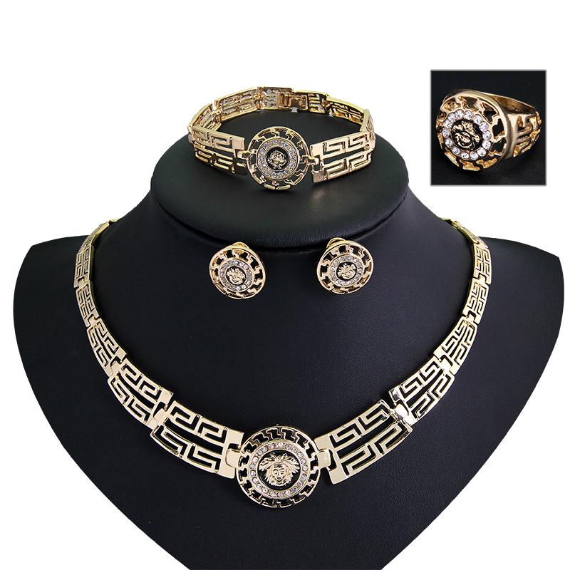 Vintage Charming Euramerican Round Necklace Earring Bracelet Ring Set for Women 4-Piece Jewelry Set