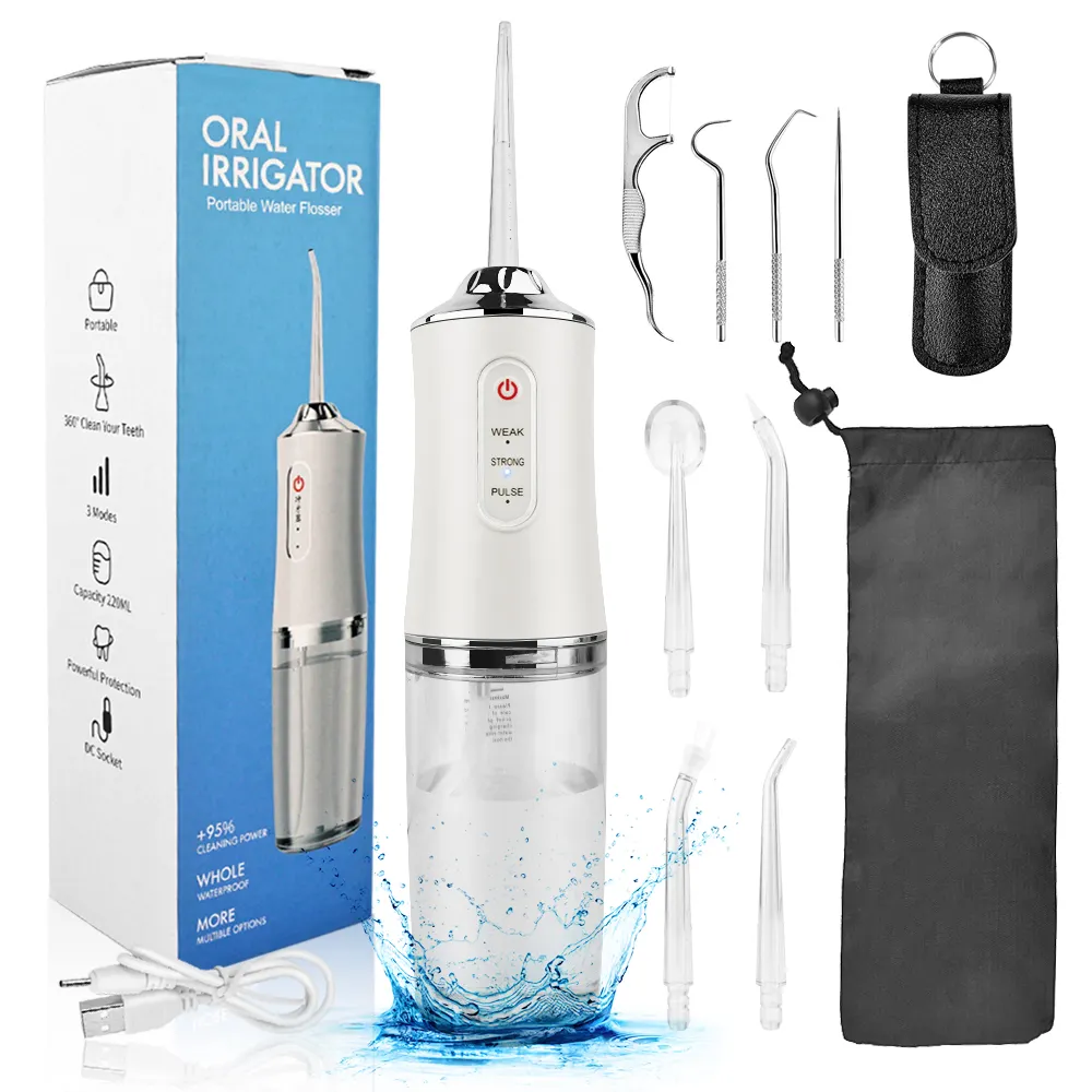 Portable 3 Modes 220ml Water Tank Rechargeable IPX7 Oral Care Water Flosser Teeth Cleaner with 4 Function Nozzles