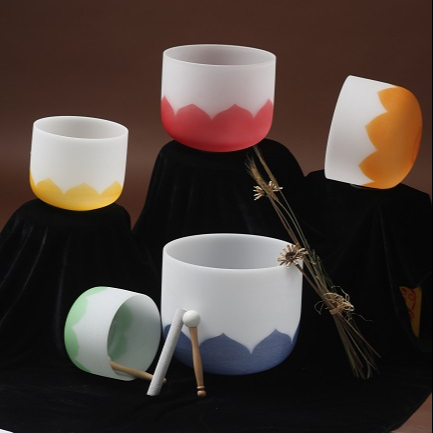 JK set of 7 pcs Frosted Quartz Crystal Singing Bowl with lotus Chakra design