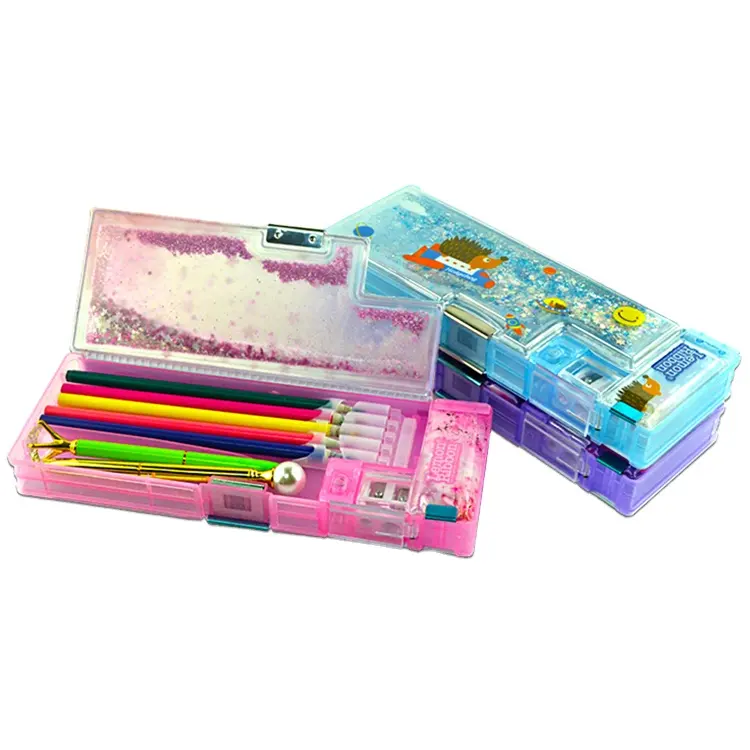 Multifunctional lovely back to school plastic pencil case with sharpern glliter for teenagers