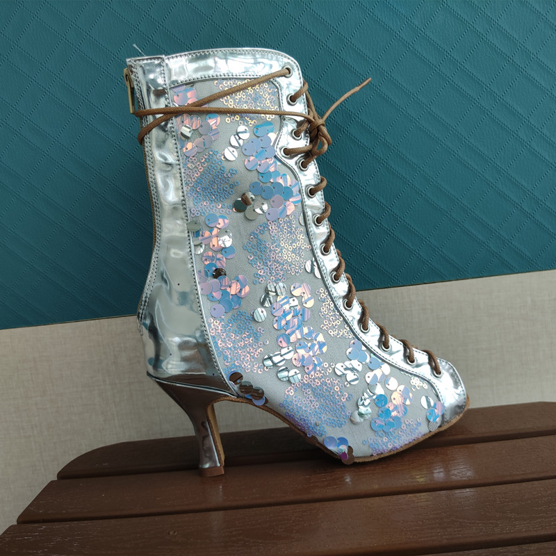 Zapatos De Baile Silver PU With Mesh Latin Salsa Heel 7cm Ballroom Dance Shoes for New Arrival Latin Dance Women