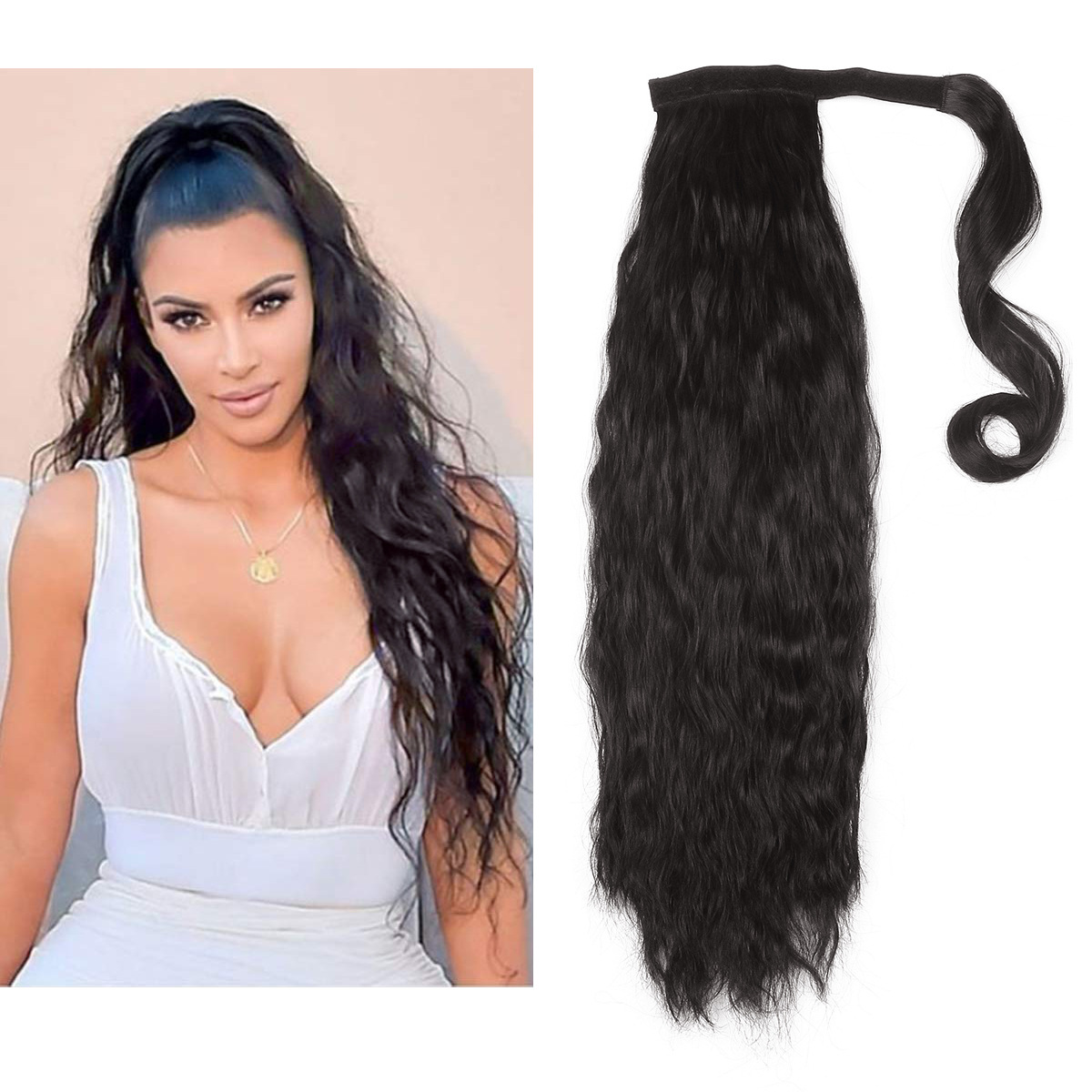Wholesale kinky hair thick wrap ponytails synthetic curly ponytail hair extensions clip wave black women