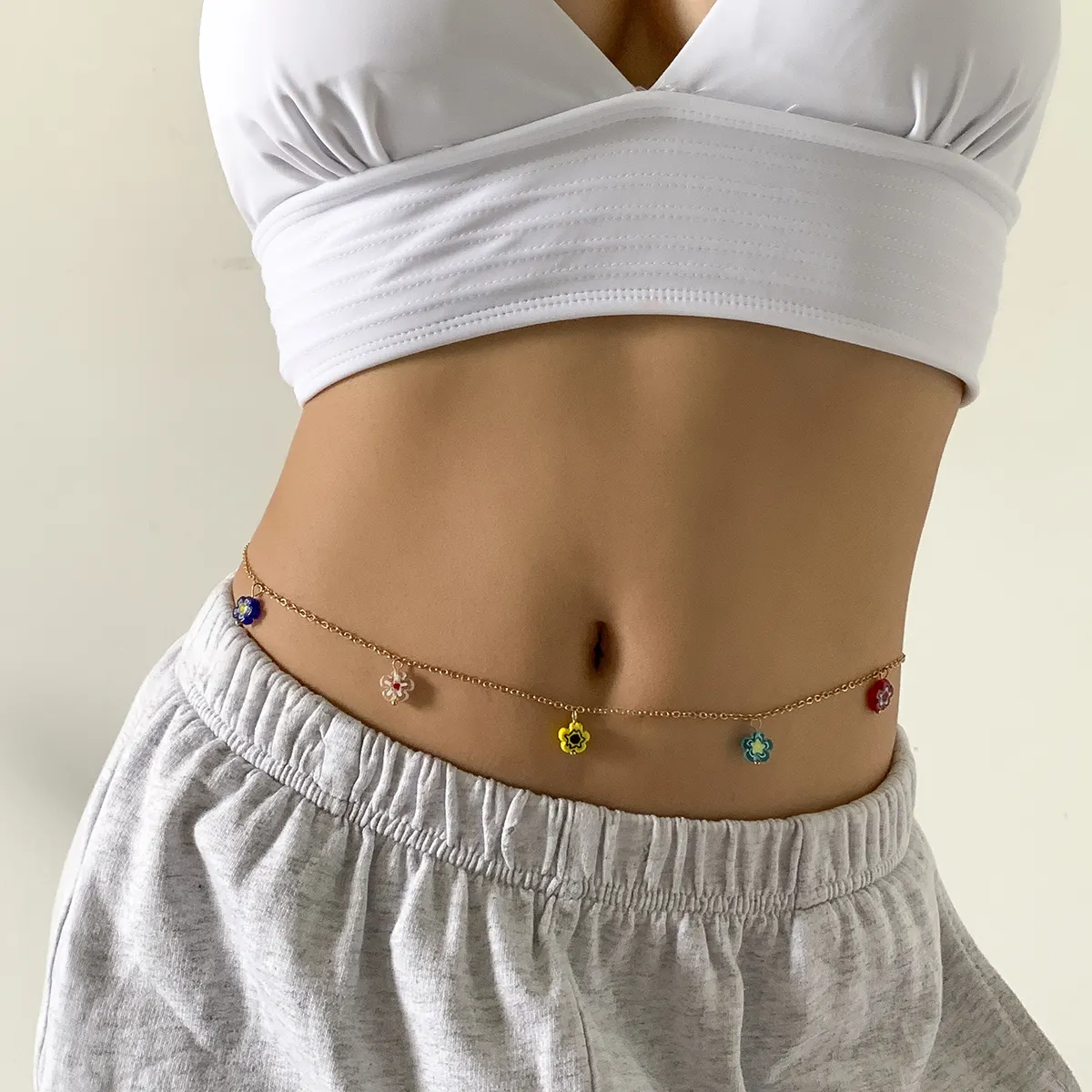 SHIXIN Colorful Flower Waist Chains Charm Glazed Flowers Belly Chain Cute Thin Body Chain Jewelry for Woman Girl