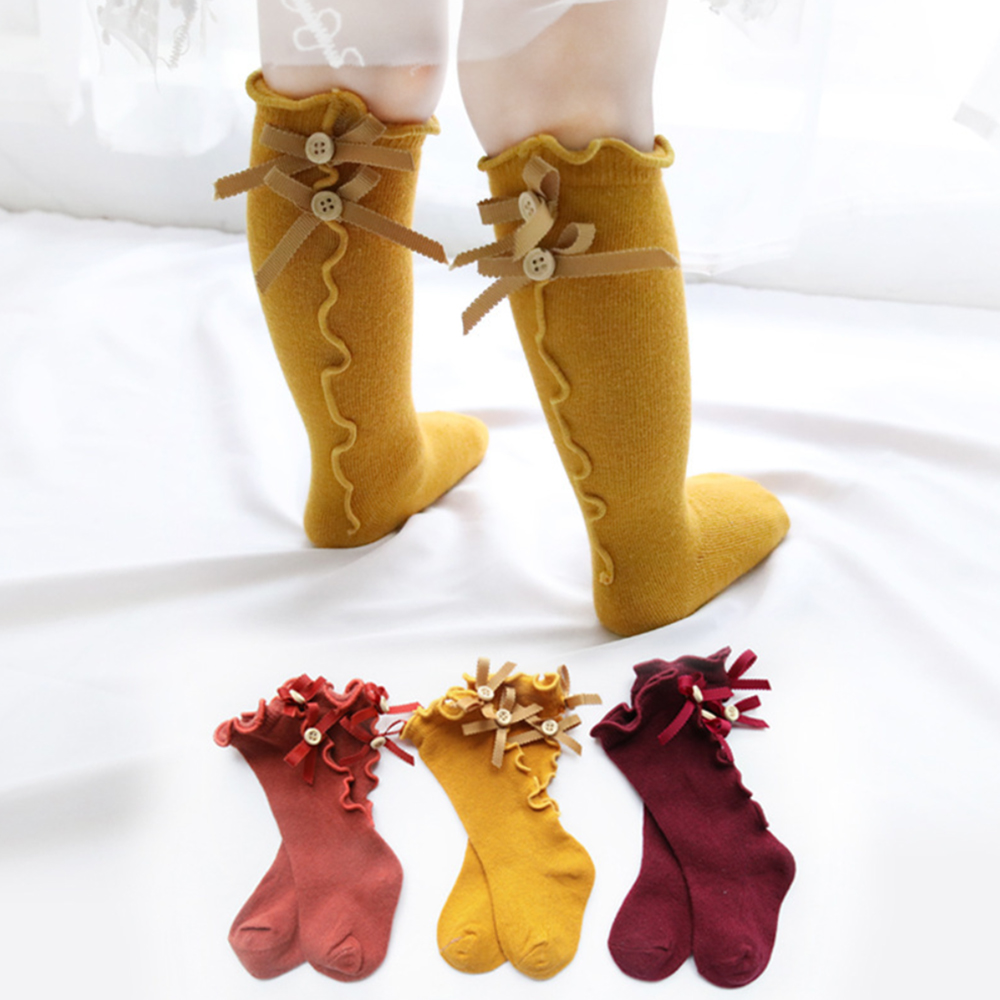 Spring And Autumn Kid Socks With Bow Lace Button Baby Socks Cotton Long Tube Girls Children Socks
