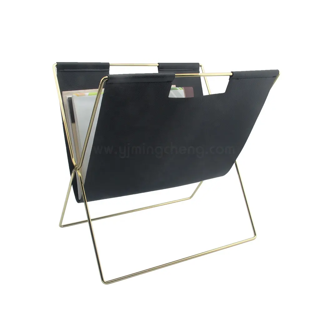 Custom decorative foLding gold wire black PU leather magazine rack