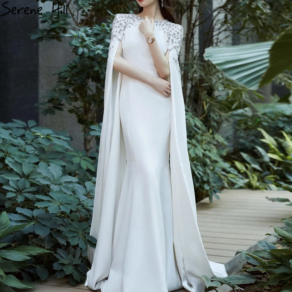 White Mermaid Satin Evening Party Dresses 2021 Serene Hill LA70934 Cape Sleeves Beaded Elegant Theater Opera Gowns For Women