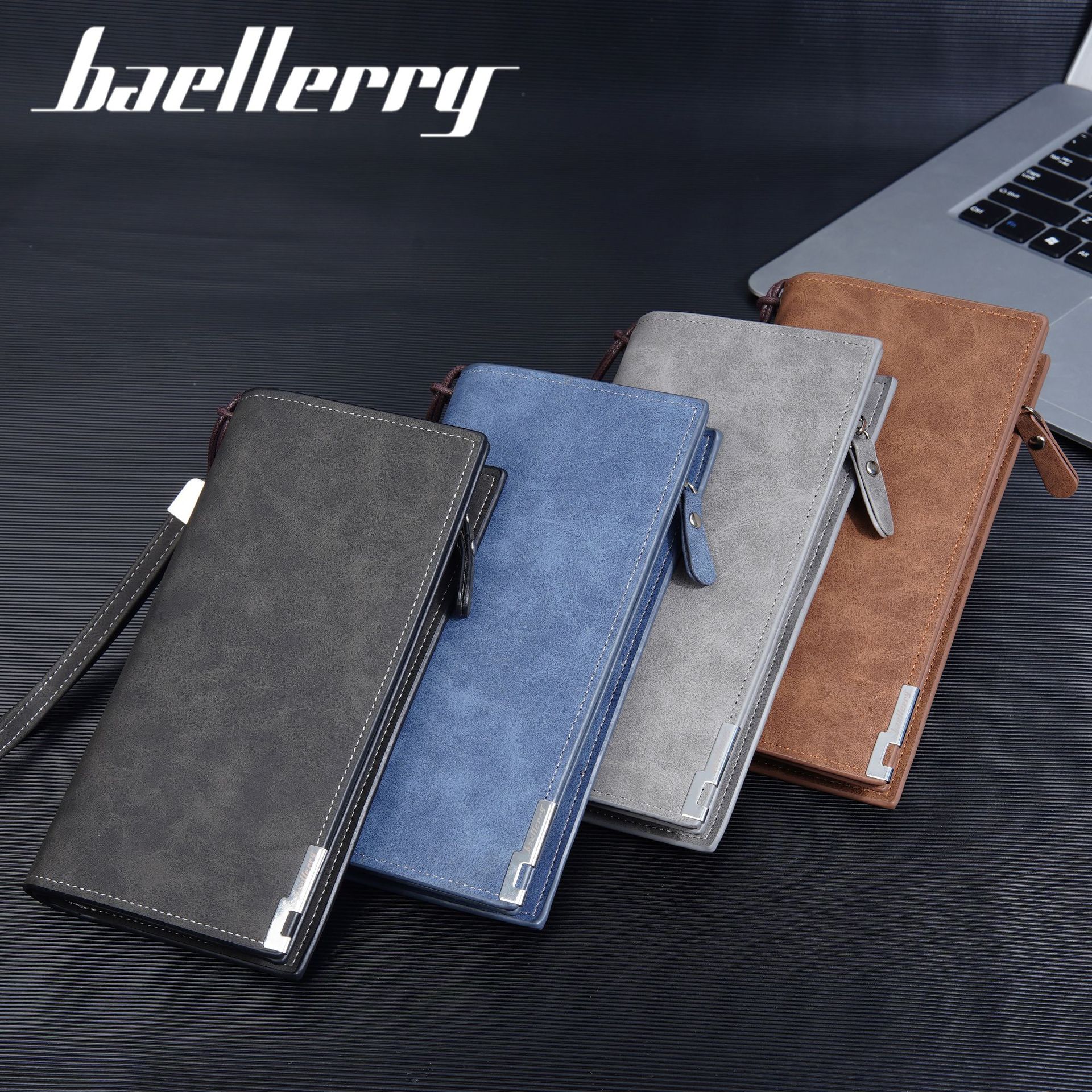 Men Wallets Baellerry Personalized Design Men's Handbag Multi Card Position Frosted Leather Wallet With Wrist Strap Card Holder