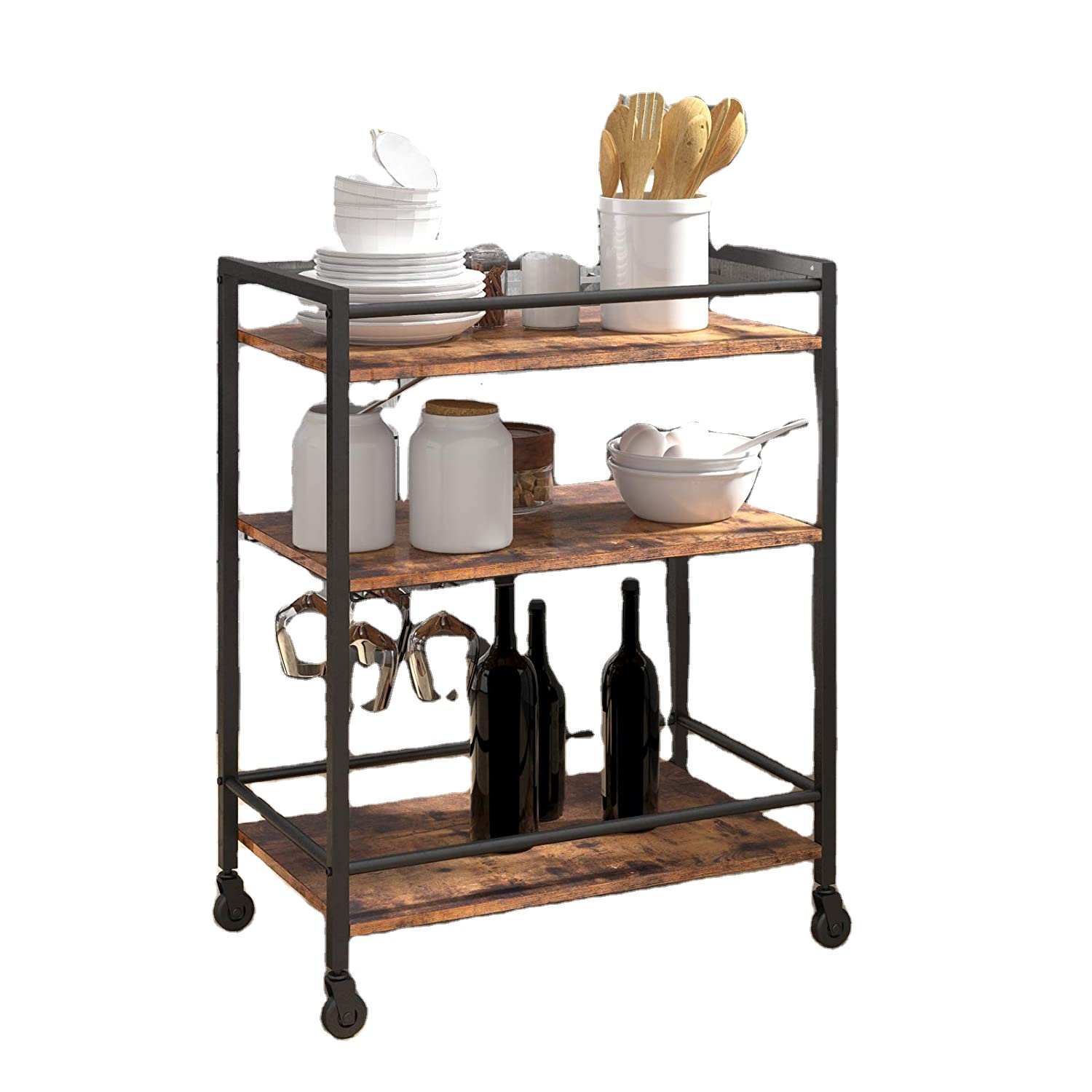 Living room furniture shelves for wooden metal frame kitchen trolley modern style kitchen cart with wheels lockable
