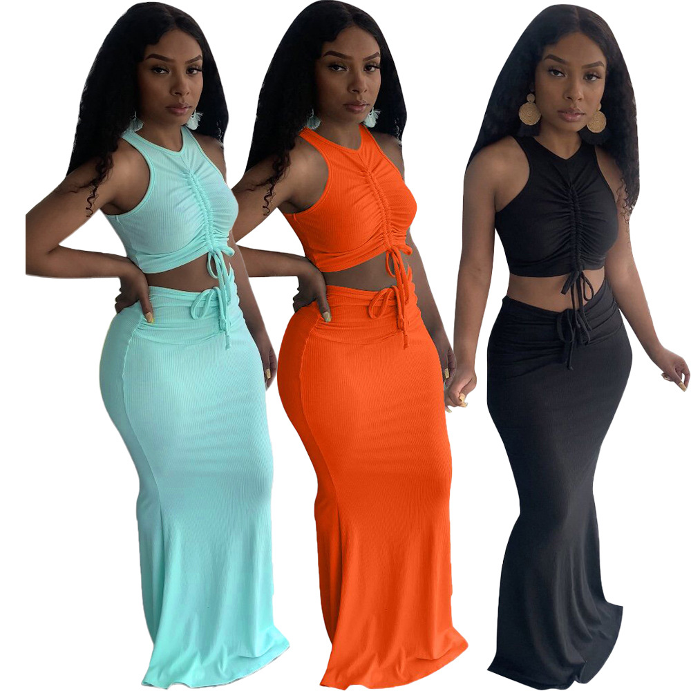 Skirt Set Women 2 Piece Outfits Sleeveless Long Summer Stacked Women's Two Piece Skirt Set