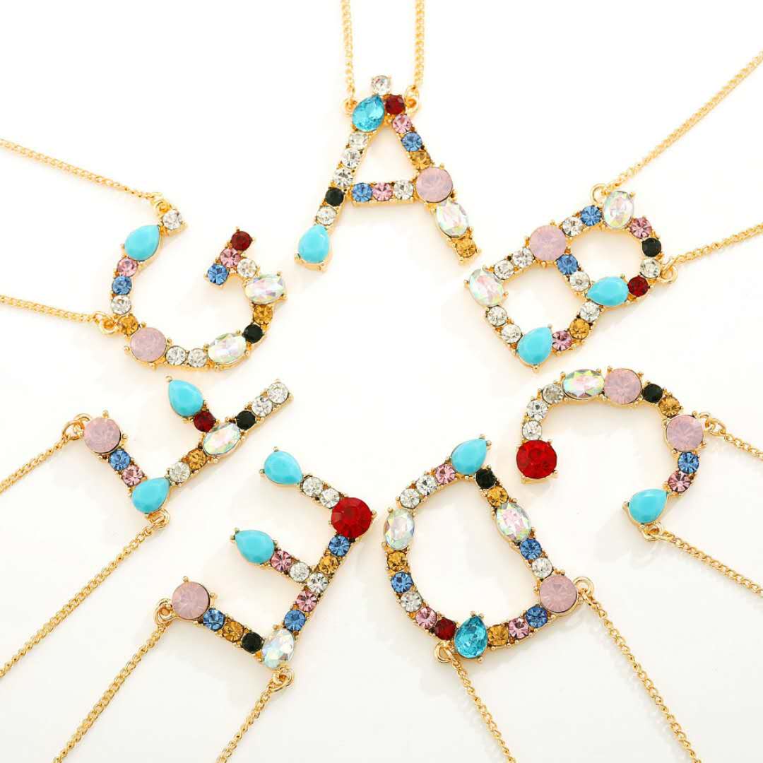 Multi Color Statement Rhinestone Set Fashion Jewellery Bling 26 Letter Diamond Pendant Necklace