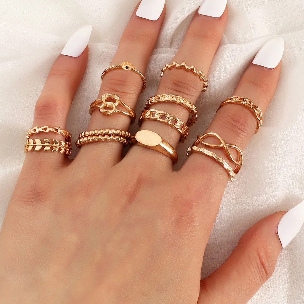 Wholesale 13 pieces Retro Style Knotted Leaf Eyes Hollow Ring Set For Women