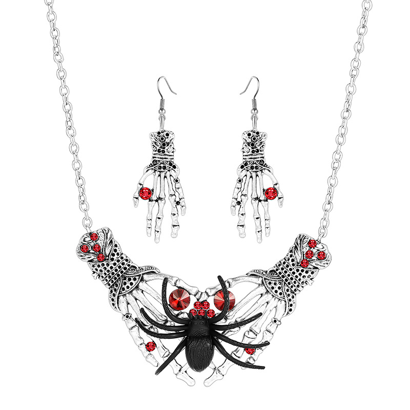 Euramerican Hip Hop Trend Halloween Jewelry Set Diamond Punk Skull Hand Claw Spider Necklace Earring Set