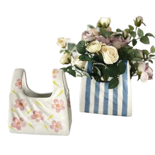 Custom Ceramic Handbag Purse Vase Floral Stripe Scandi Flower Pot Porcelain Bag Flower Vase Nordic Home Decor