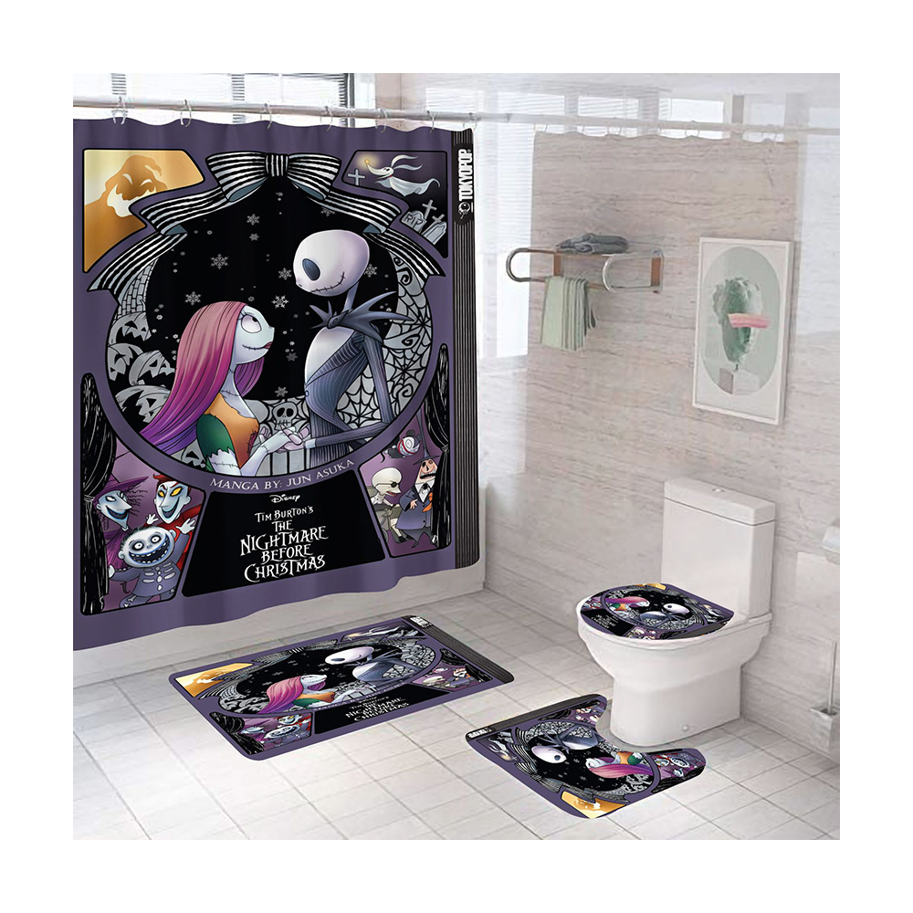 Jack Skellington 4 Pcs Bathroom Rugs Toilet Cover Bath Mat Halloween Shower Curtain Set