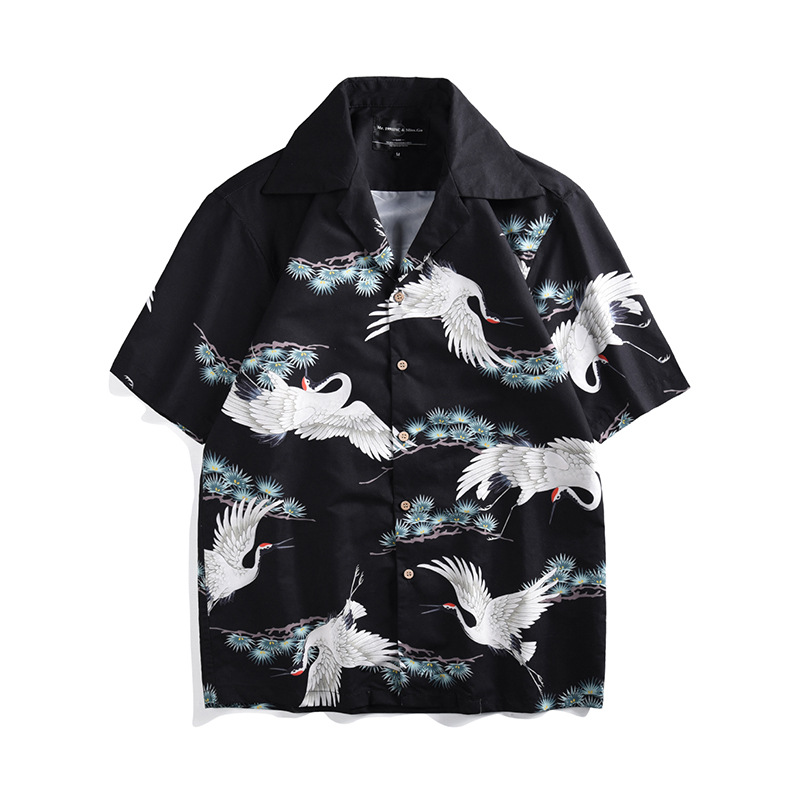 plus size men's shirt hot sale fashion cotton short sleeve crane printing shirt casual men's shirts camisas