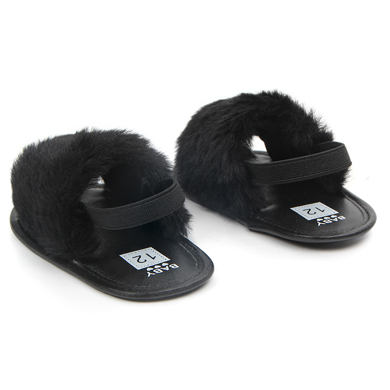 Home Indoor Toddler Baby Girls Plush Sandals Soft Sole Faux Fur Flats Prewalker Slippers With Elastic Back Strap