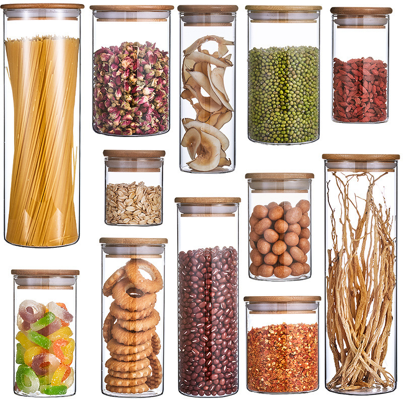 Kitchen Storage Canister Bottles Jars Airtight Round Bottle 200Ml 1300Ml Spices Storage Bamboo Lids Glass Food Storage Jar