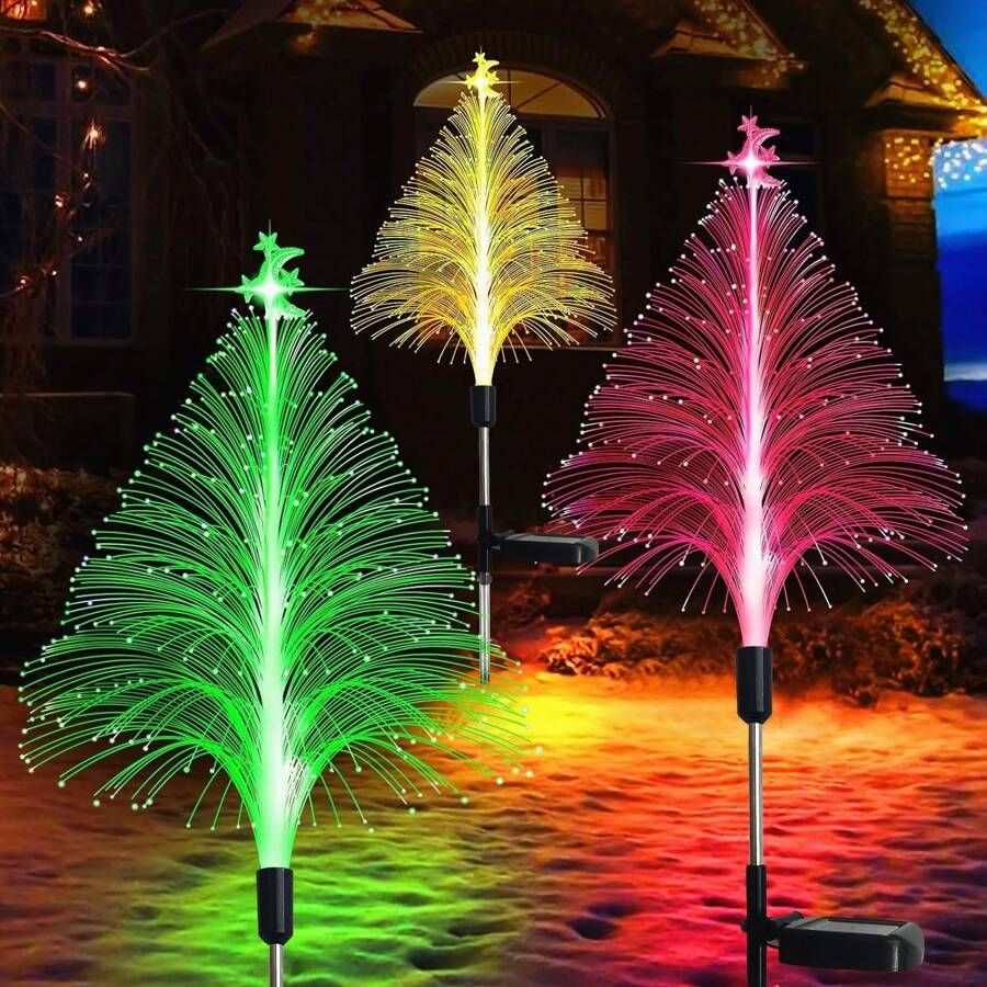 Solar Christmas Tree Lights IP65 Waterproof Solar Fiber Optic Christmas Lights 7 Color Changing Outdoor LED Landscape Lamp