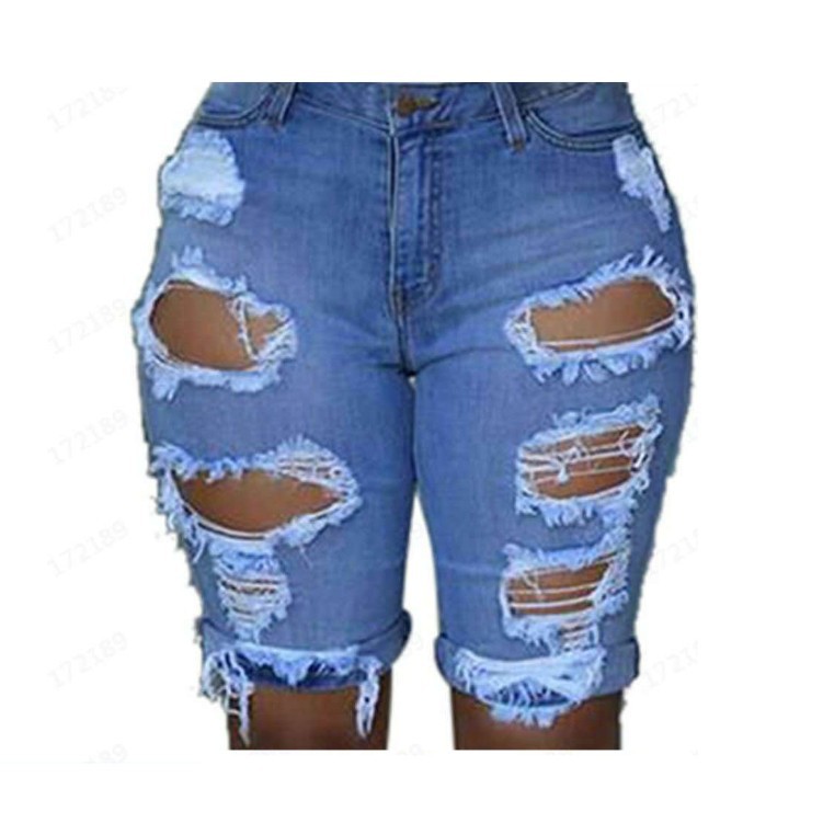 Women Skinny Ripped Holes Knee Length Black Denim Pants Streetwear Jean Shorts