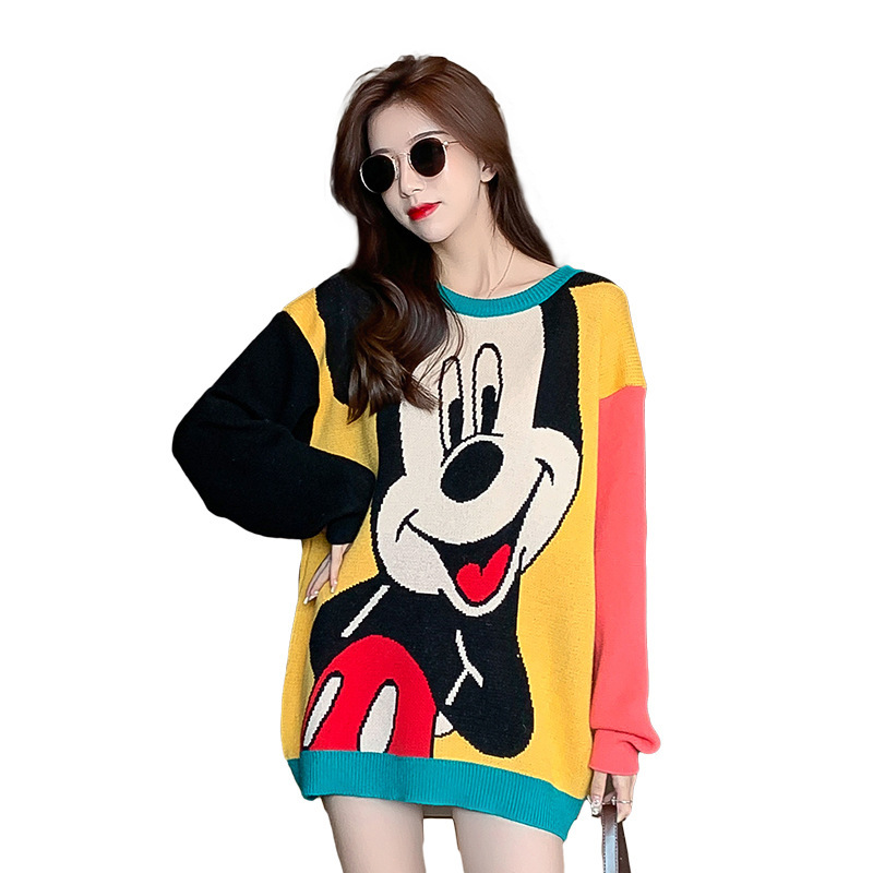 ANNEX Custom New Loose Cartoon Mickey Print Hit Color Long-Sleevedcasaco cardigan sweaterThick cute Sweater