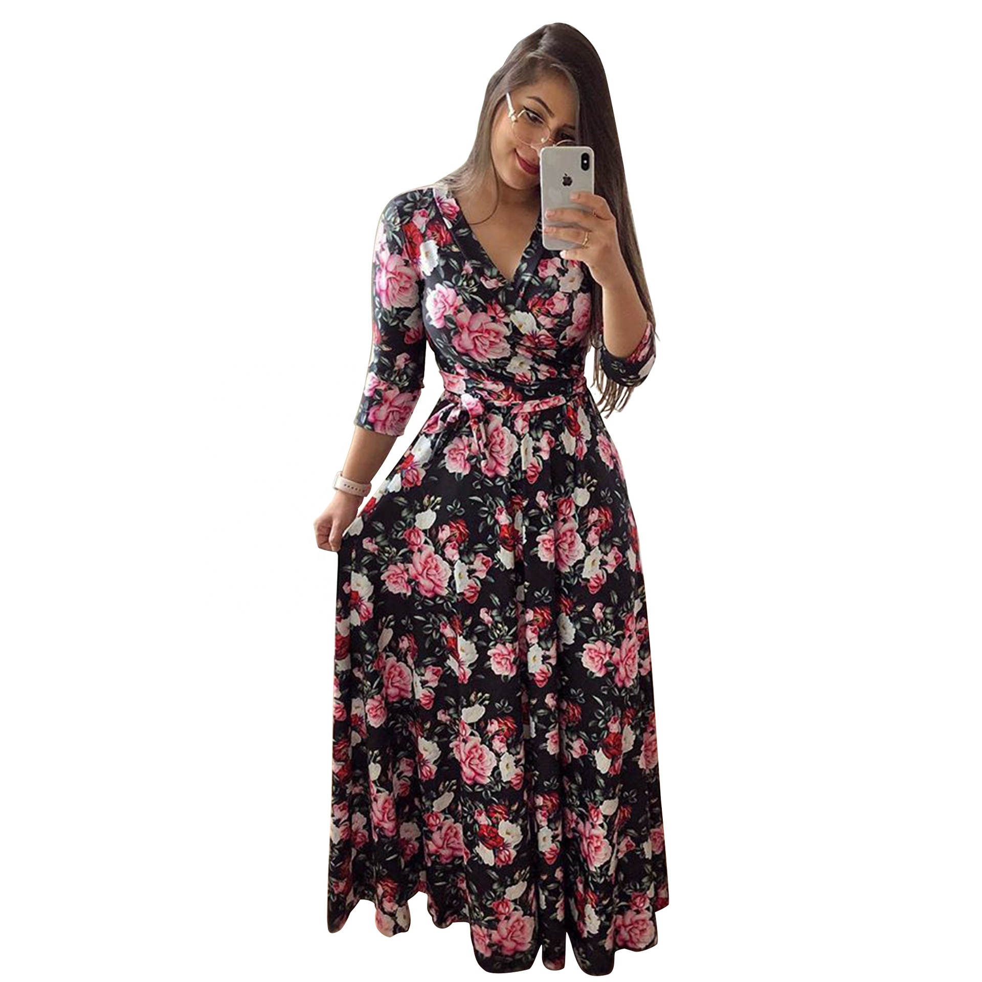 Women's sexy digital print European and American fashion long skirt V-neck large swing Long Sleeve Dress
