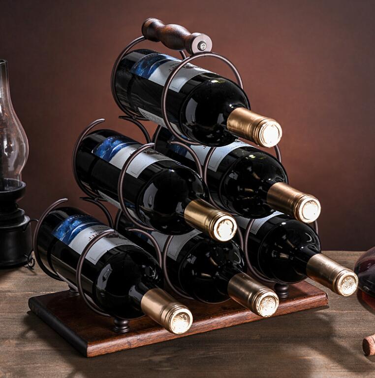 new customized 6 bottles metal wooden wine storage rack