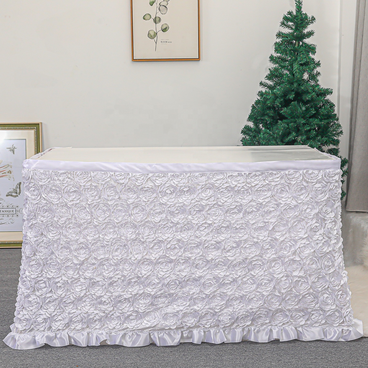 custom made beautiful bridal rosette satin table skirt for wedding white color