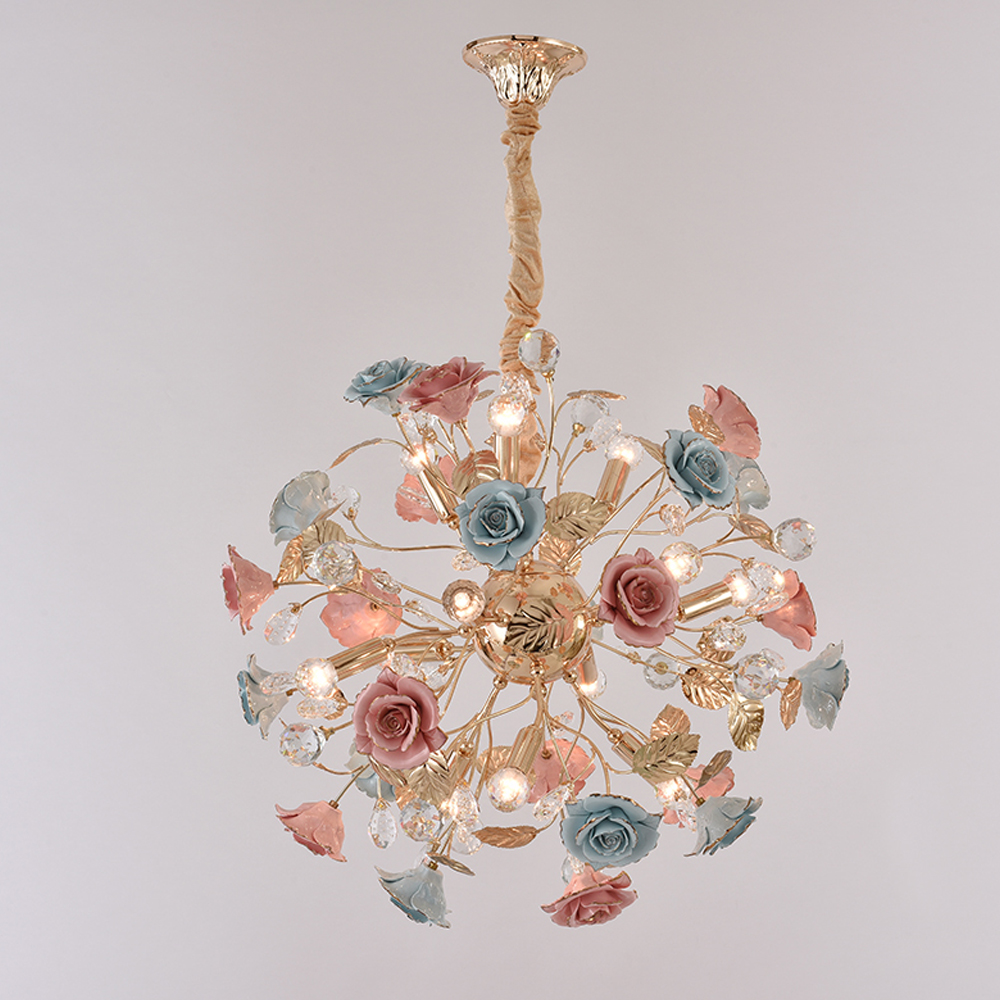 Ceramic Rose Flower Garden Chandeliers Lighting Pendant Lamp Fashion Ceiling Lights Led Light Source Ceramic Wrought Iron lamp