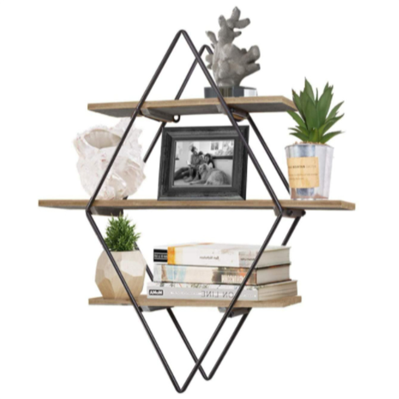 Hot sale Decorative wood metal hanging wall display shelves wall mounted shelf geometric fold display storage rack
