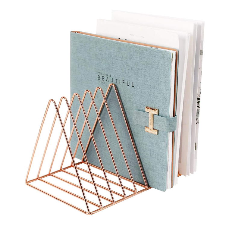 Metal Iron Wire Newspaper Bookshelf 9 Slot Triangle Shape Desktop Magazine File Holder
